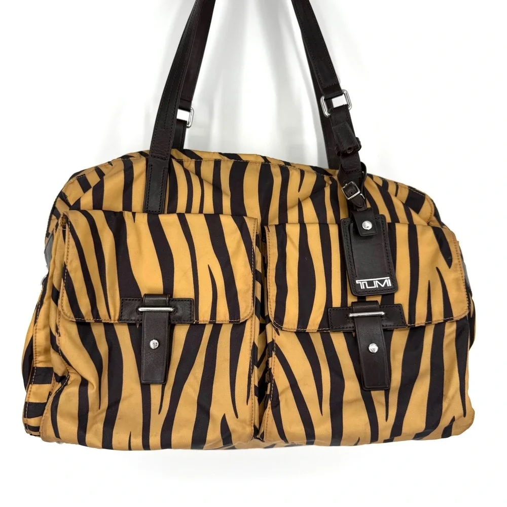 TUMI Tiger Zebra Cortina Boarding Bag Nylon Travel Tote Weekender Leather Trim